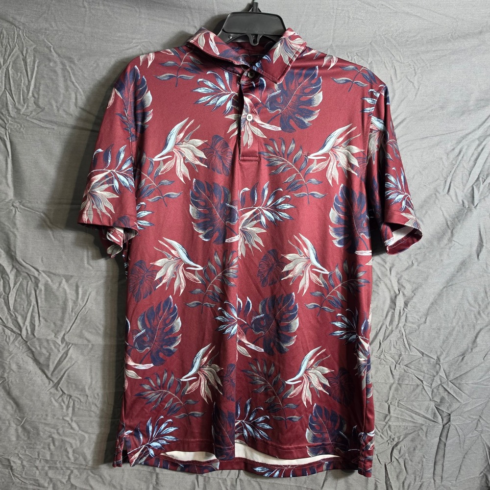 Izod Golf Mens Medium Burgundy Tropical Floral Palm Leaf Performance Polo Shirt